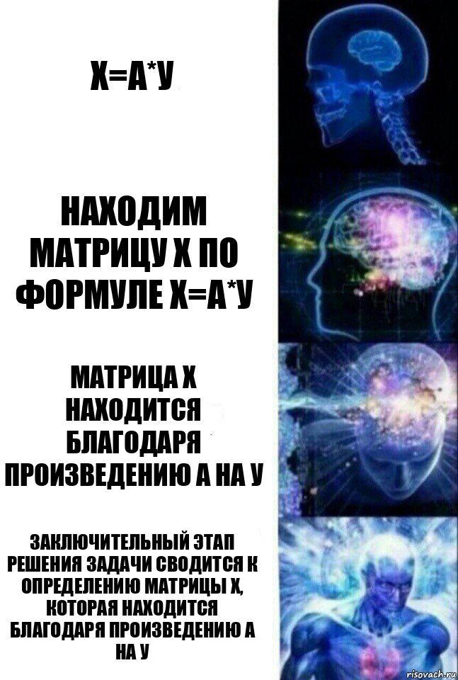 Х=А*У Находим матрицу Х по формуле Х=А*У Матрица Х находится благодаря произведению А на У Заключительный этап решения задачи сводится к определению матрицы Х, которая находится благодаря произведению А на У, Комикс  Сверхразум