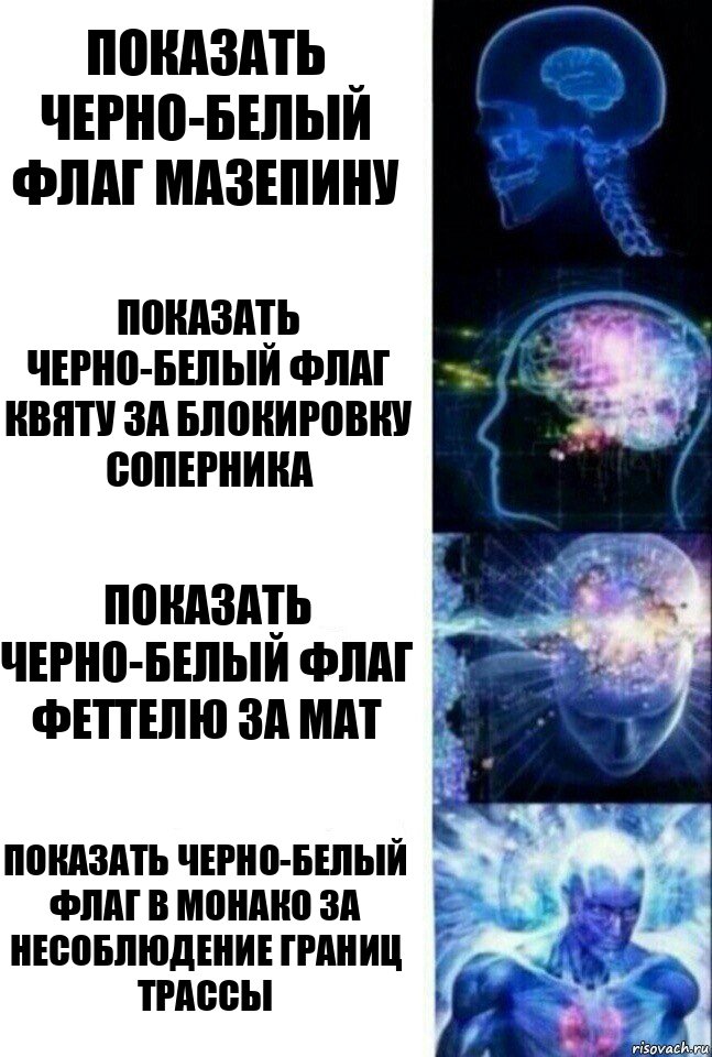 Показать черно-белый флаг мазепину Показать черно-белый флаг квяту за блокировку соперника Показать черно-белый флаг феттелю за мат Показать черно-белый флаг в монако за несоблюдение границ трассы, Комикс  Сверхразум