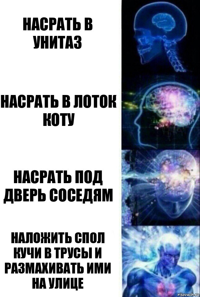 Насрать в унитаз Насрать в лоток коту Насрать под дверь соседям Наложить спол кучи в трусы и размахивать ими на улице