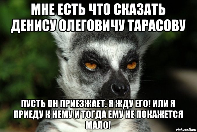 мне есть что сказать денису олеговичу тарасову пусть он приезжает. я жду его! или я приеду к нему и тогда ему не покажется мало!