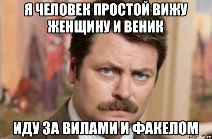 я человек простой вижу женщину и веник иду за вилами и факелом, Мем  Я человек простой