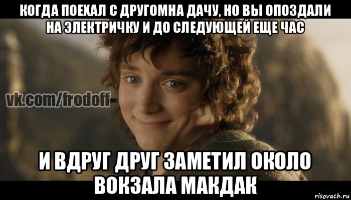 когда поехал с другомна дачу, но вы опоздали на электричку и до следующей еще час и вдруг друг заметил около вокзала макдак, Мем  Фродо