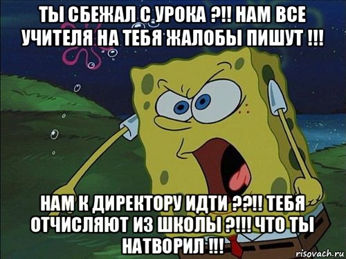 ты сбежал с урока ?!! нам все учителя на тебя жалобы пишут !!! нам к директору идти ??!! тебя отчисляют из школы ?!!! что ты натворил !!!, Мем Спанч боб