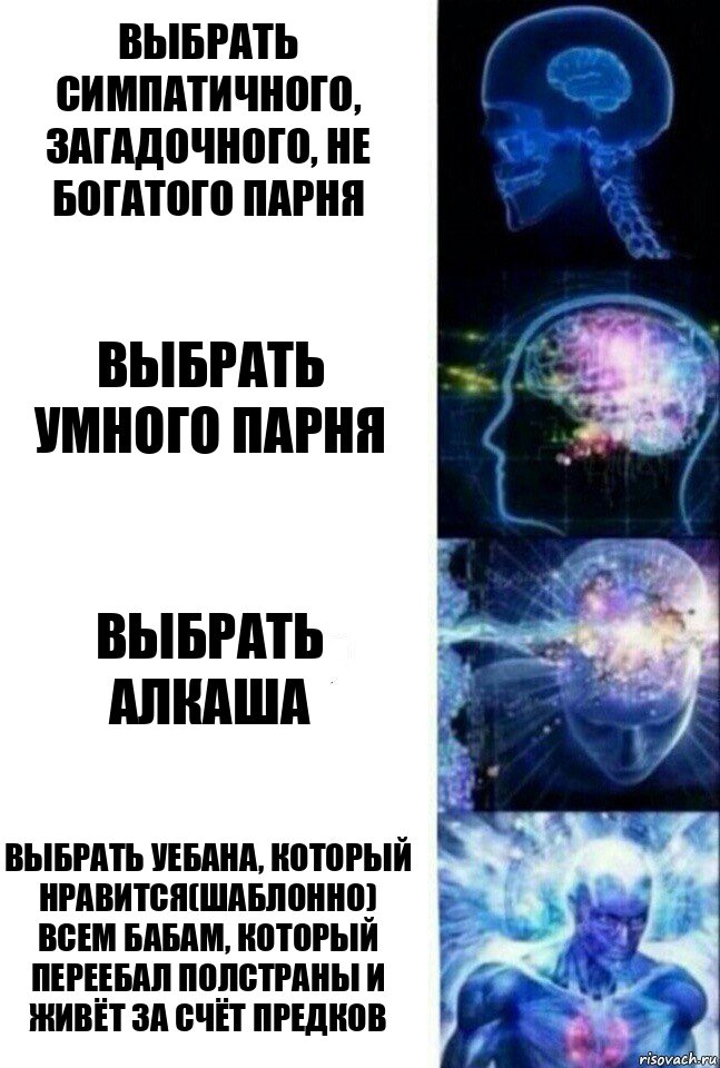 Выбрать симпатичного, загадочного, не богатого парня Выбрать умного парня Выбрать алкаша Выбрать уебана, который нравится(шаблонно) всем бабам, который переебал полстраны и живëт за счëт предков