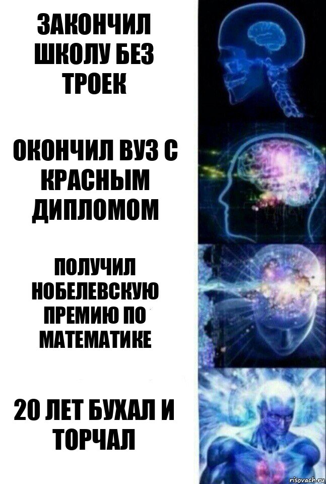 Закончил школу без троек Окончил ВУЗ с красным дипломом Получил Нобелевскую премию по математике 20 лет бухал и торчал