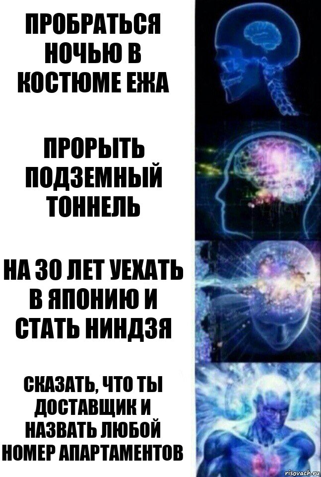 Пробраться ночью в костюме ежа Прорыть подземный тоннель На 30 лет уехать в Японию и стать ниндзя Сказать, что ты доставщик и назвать любой номер апартаментов