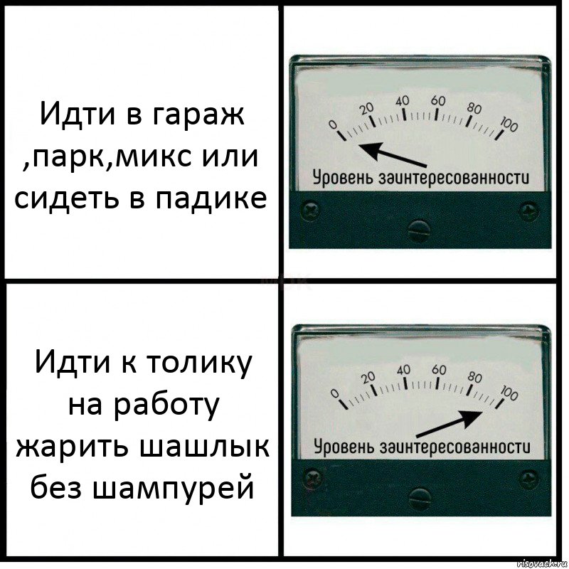 Идти в гараж ,парк,микс или сидеть в падике Идти к толику на работу жарить шашлык без шампурей, Комикс Уровень заинтересованности