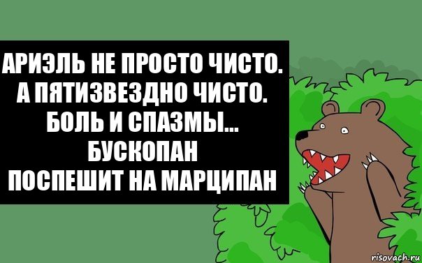 Ариэль не просто чисто. А пятизвездно чисто.
Боль и спазмы... Бускопан
Поспешит на Марципан, Комикс Надпись медведя из кустов